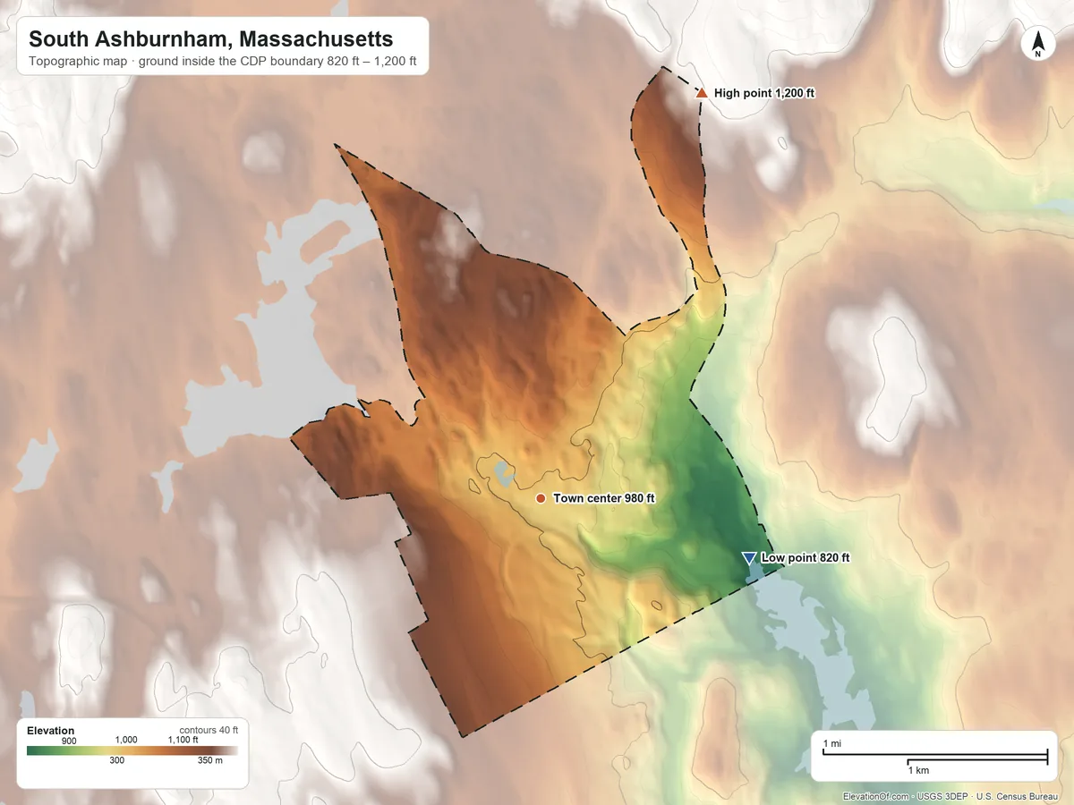 Topographic elevation map of South Ashburnham, Massachusetts, shaded from 820 ft on the east side to 1,200 ft on the north side