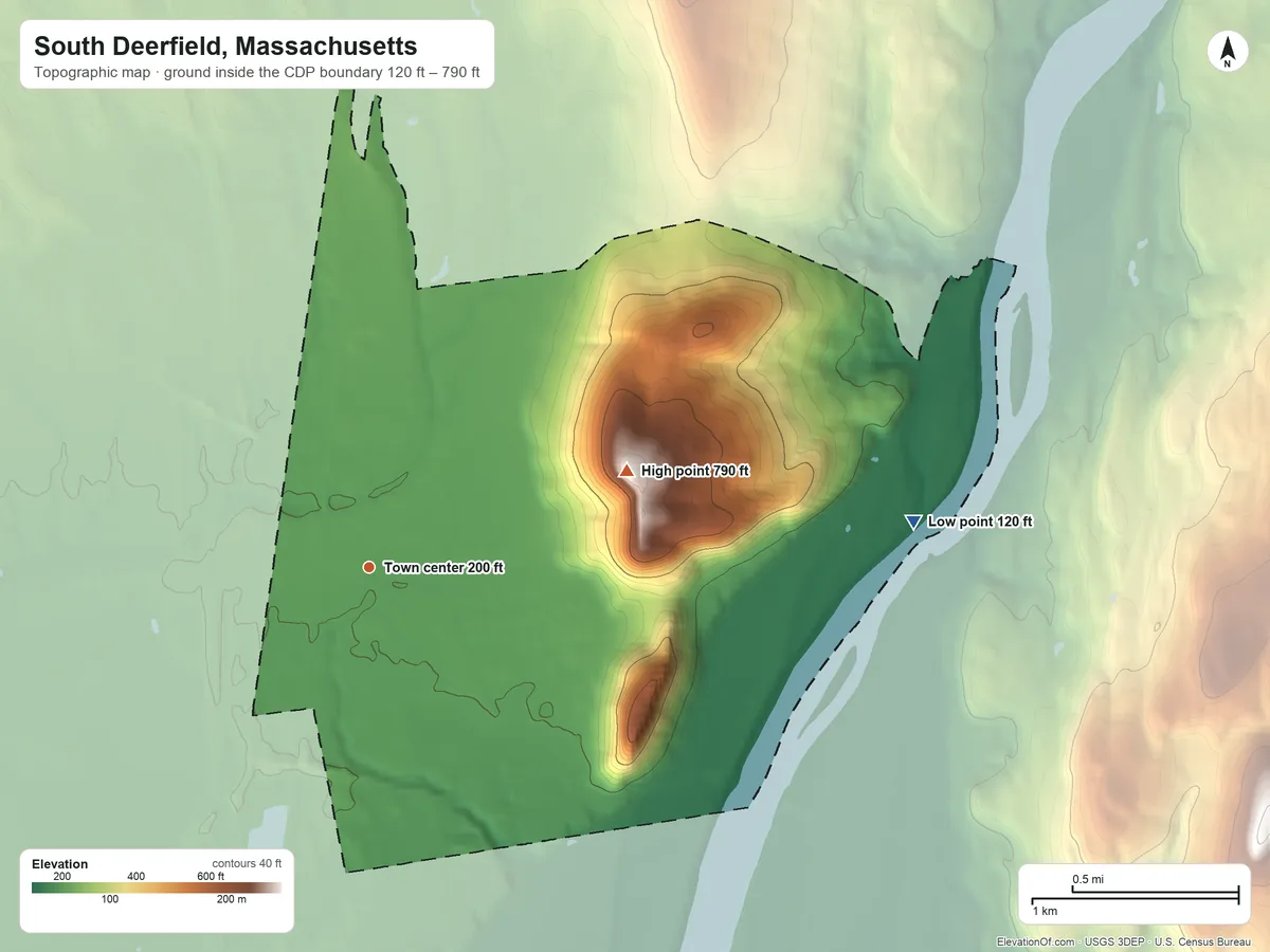 Topographic elevation map of South Deerfield, Massachusetts, shaded from 120 ft on the east side to 790 ft on North Sugarloaf Mountain