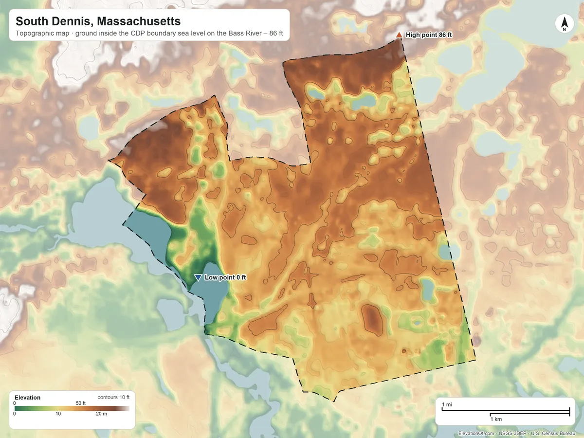 Topographic elevation map of South Dennis, Massachusetts, shaded from sea level level on the Bass River to 86 ft on the northeast side