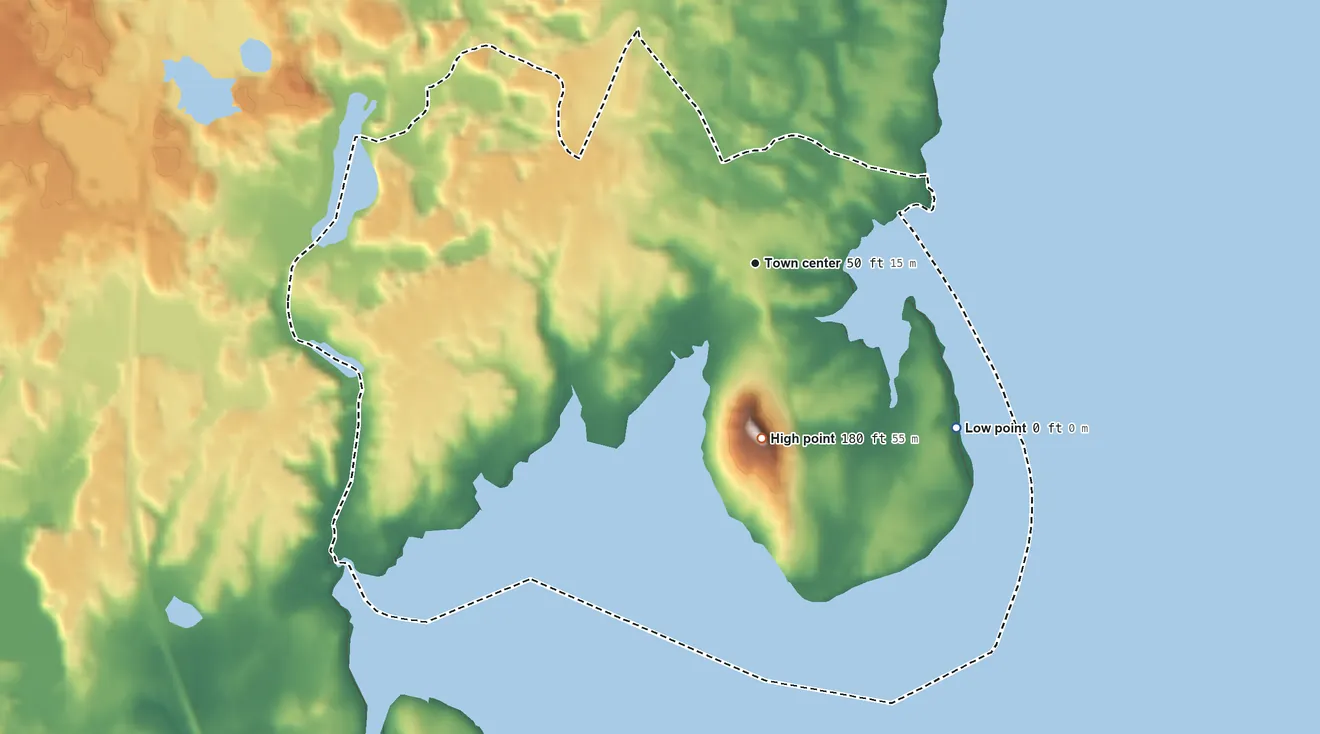 Topographic elevation map of South Duxbury, Massachusetts, shaded from sea level level on Kingston Bay to 180 ft on Captains Hill