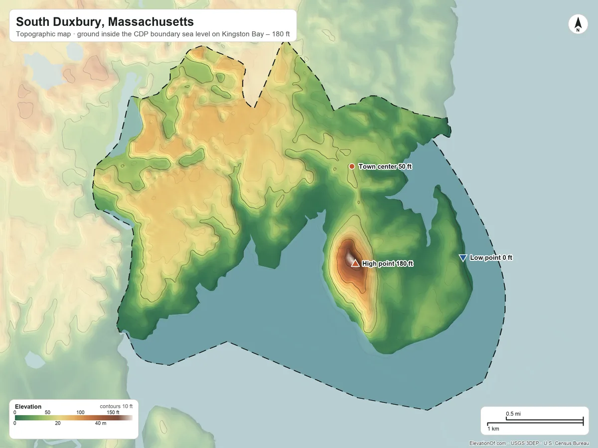 Topographic elevation map of South Duxbury, Massachusetts, shaded from sea level level on Kingston Bay to 180 ft on Captains Hill