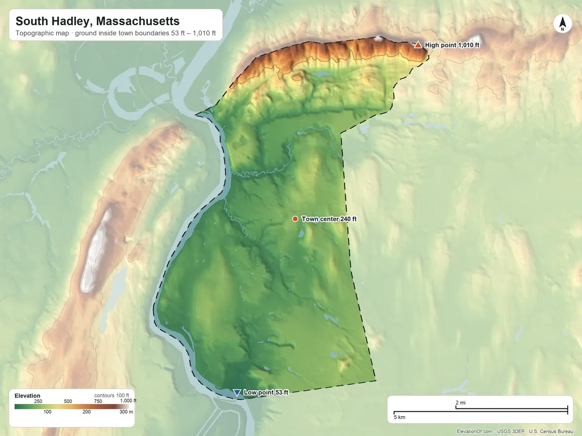 Topographic elevation map of South Hadley, Massachusetts, shaded from 53 ft on the south side to 1,010 ft on Bare Mountain