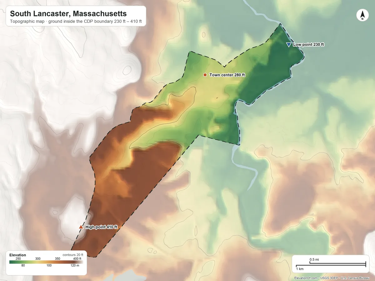Topographic elevation map of South Lancaster, Massachusetts, shaded from 230 ft on the east side to 410 ft on the southwest side