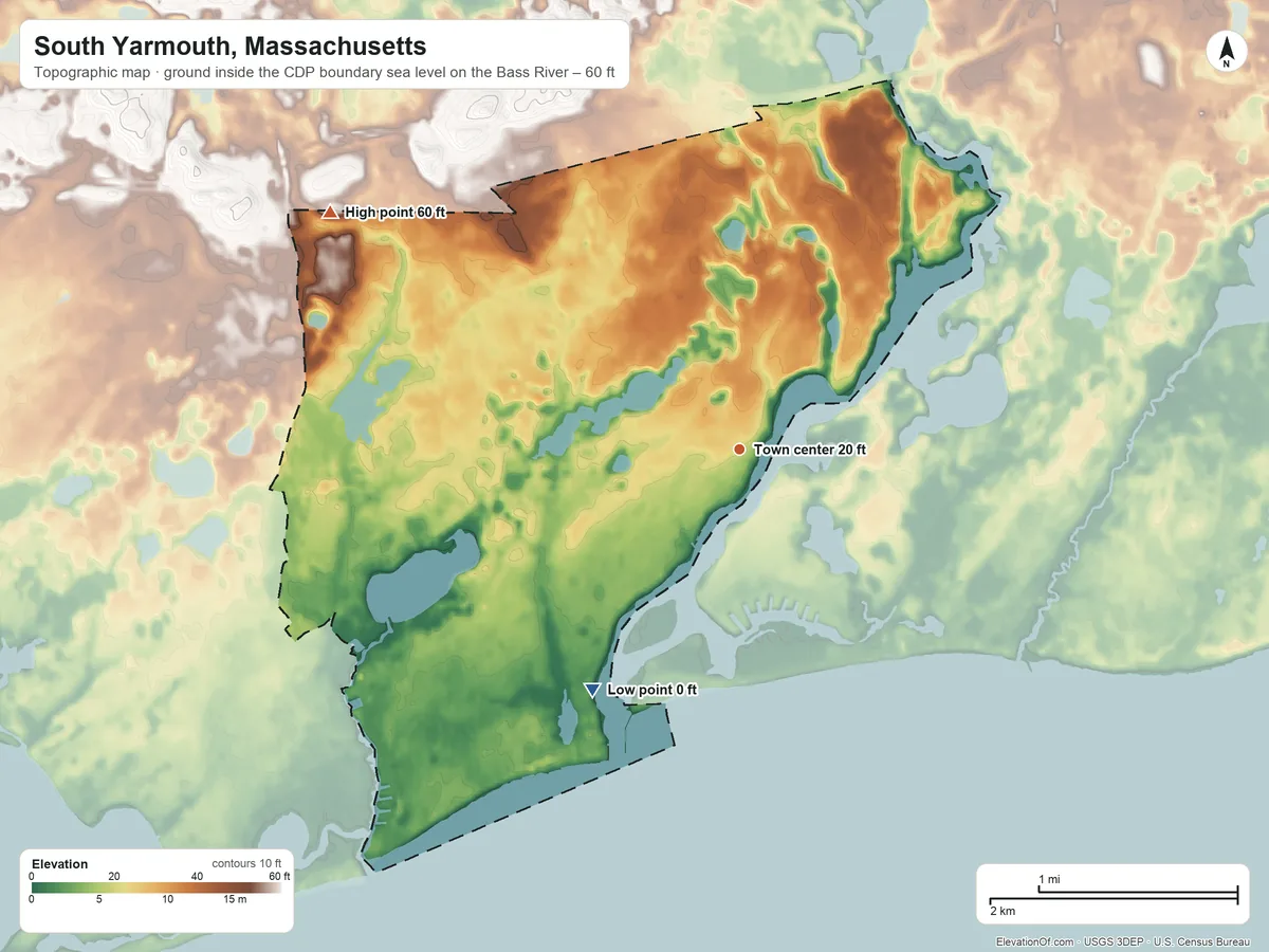 Topographic elevation map of South Yarmouth, Massachusetts, shaded from sea level level on the Bass River to 60 ft on the northwest side