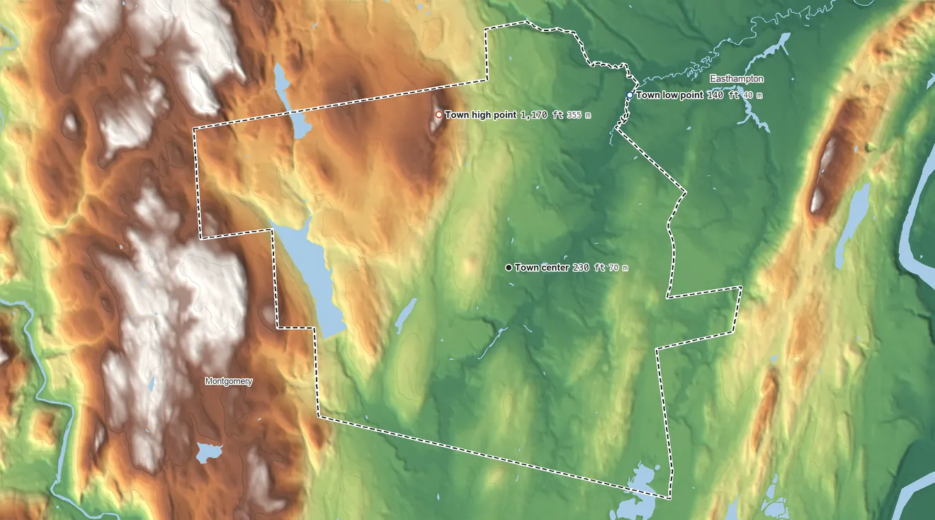 Topographic elevation map of Southampton, Massachusetts, shaded from 140 ft on the northeast side to 1,170 ft on Pomeroy Mountain