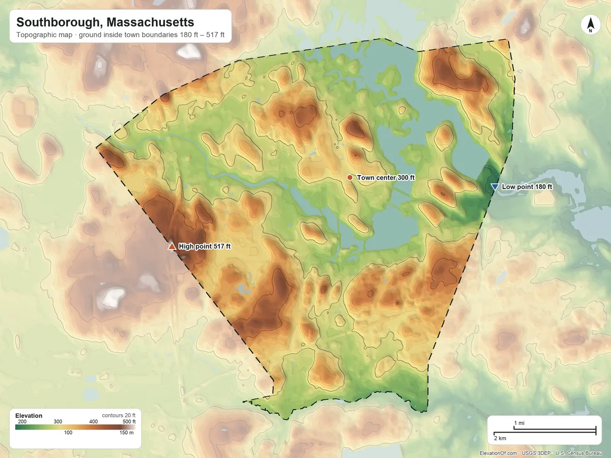 Topographic elevation map of Southborough, Massachusetts, shaded from 180 ft on the east side to 517 ft on Mount Nebo