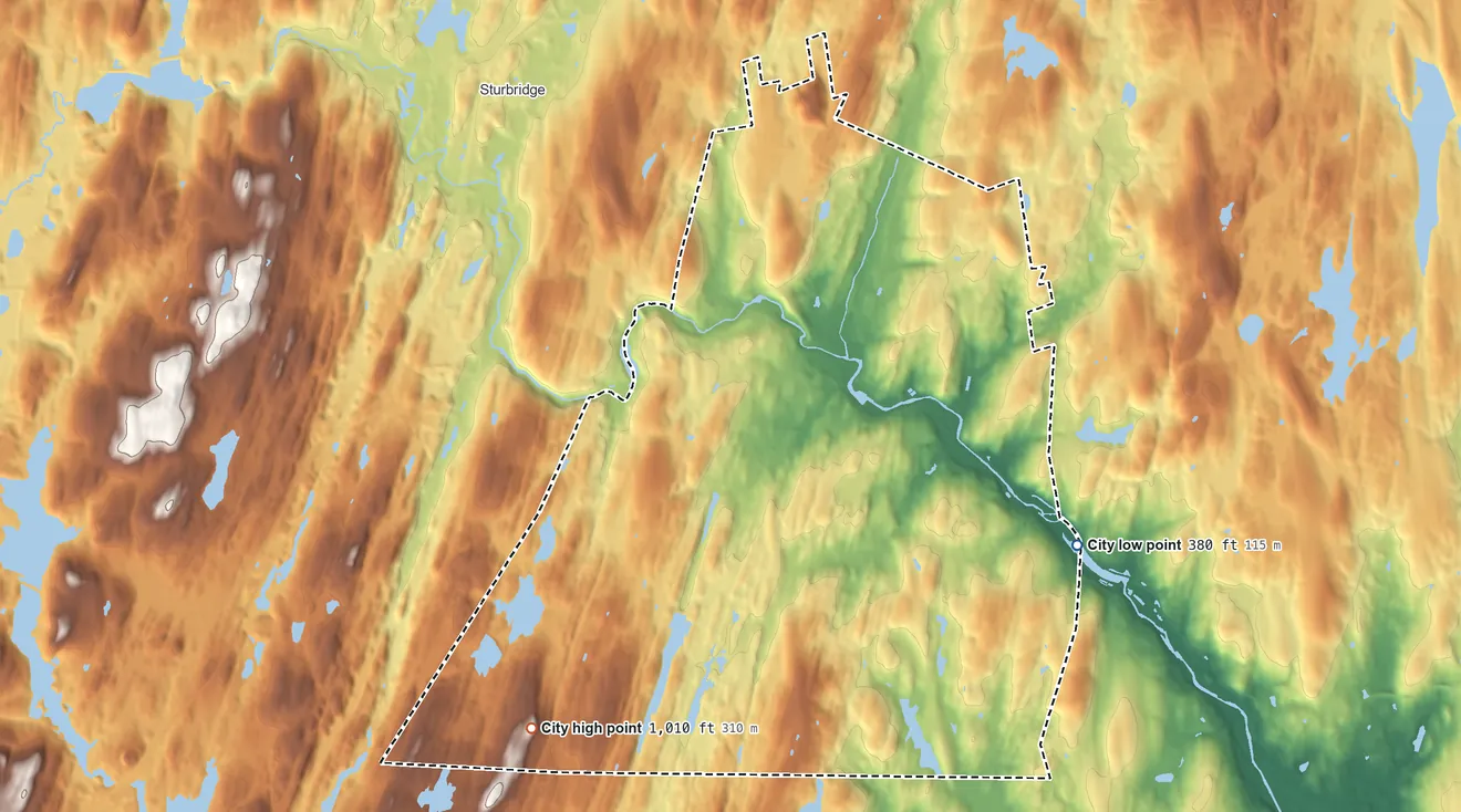 Topographic elevation map of Southbridge Town, Massachusetts, shaded from 380 ft on the southeast side to 1,010 ft on the southwest side