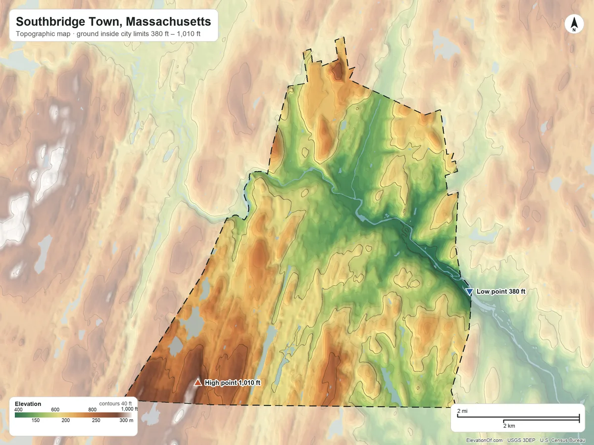 Topographic elevation map of Southbridge Town, Massachusetts, shaded from 380 ft on the southeast side to 1,010 ft on the southwest side