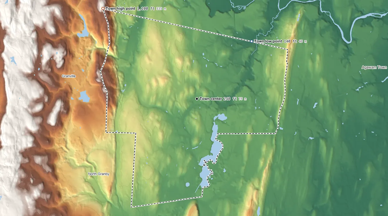 Topographic elevation map of Southwick, Massachusetts, shaded from 140 ft on the northeast side to 1,100 ft on the northwest edge, below higher ground just outside