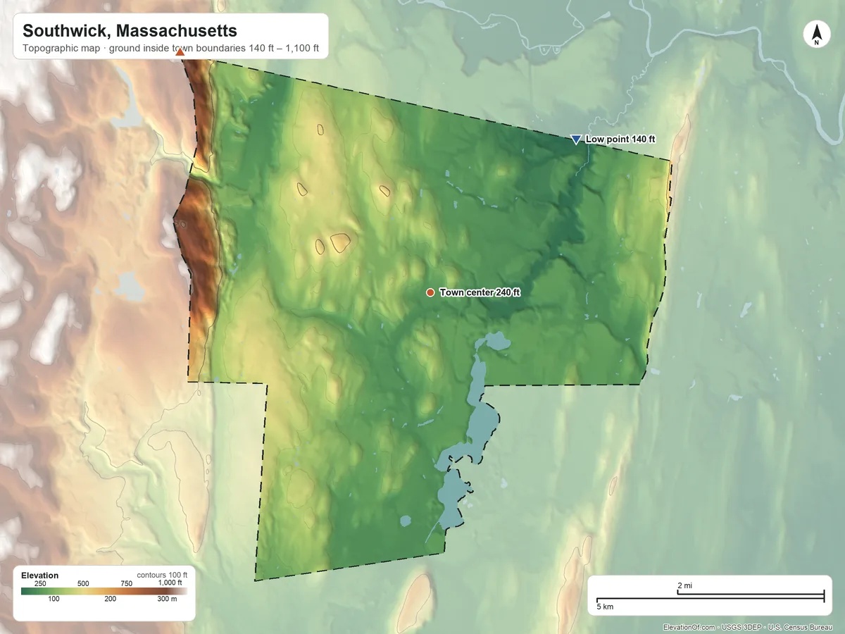 Topographic elevation map of Southwick, Massachusetts, shaded from 140 ft on the northeast side to 1,100 ft on the northwest edge, below higher ground just outside