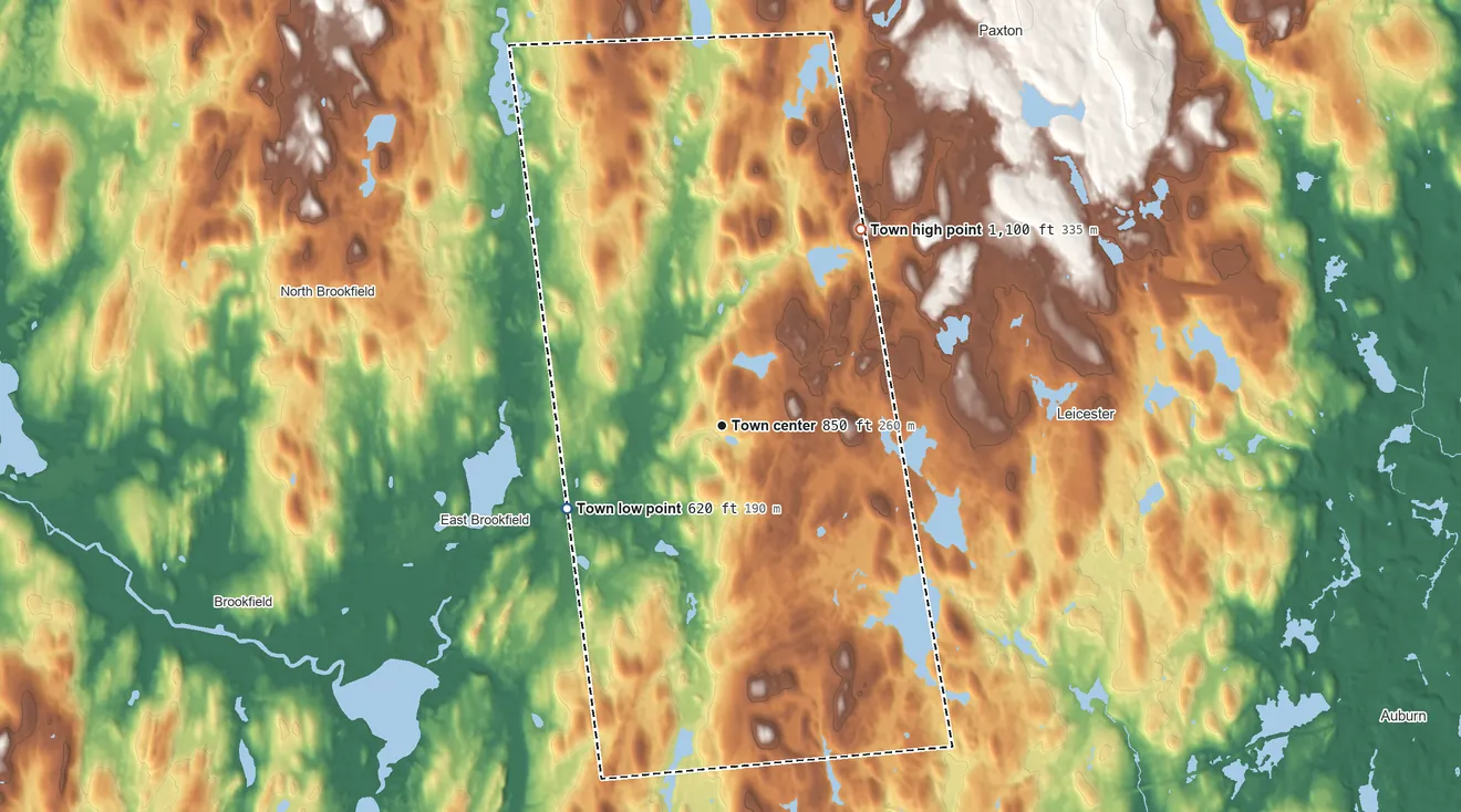 Topographic elevation map of Spencer, Massachusetts, shaded from 620 ft on the southwest side to 1,100 ft on Moose Hill