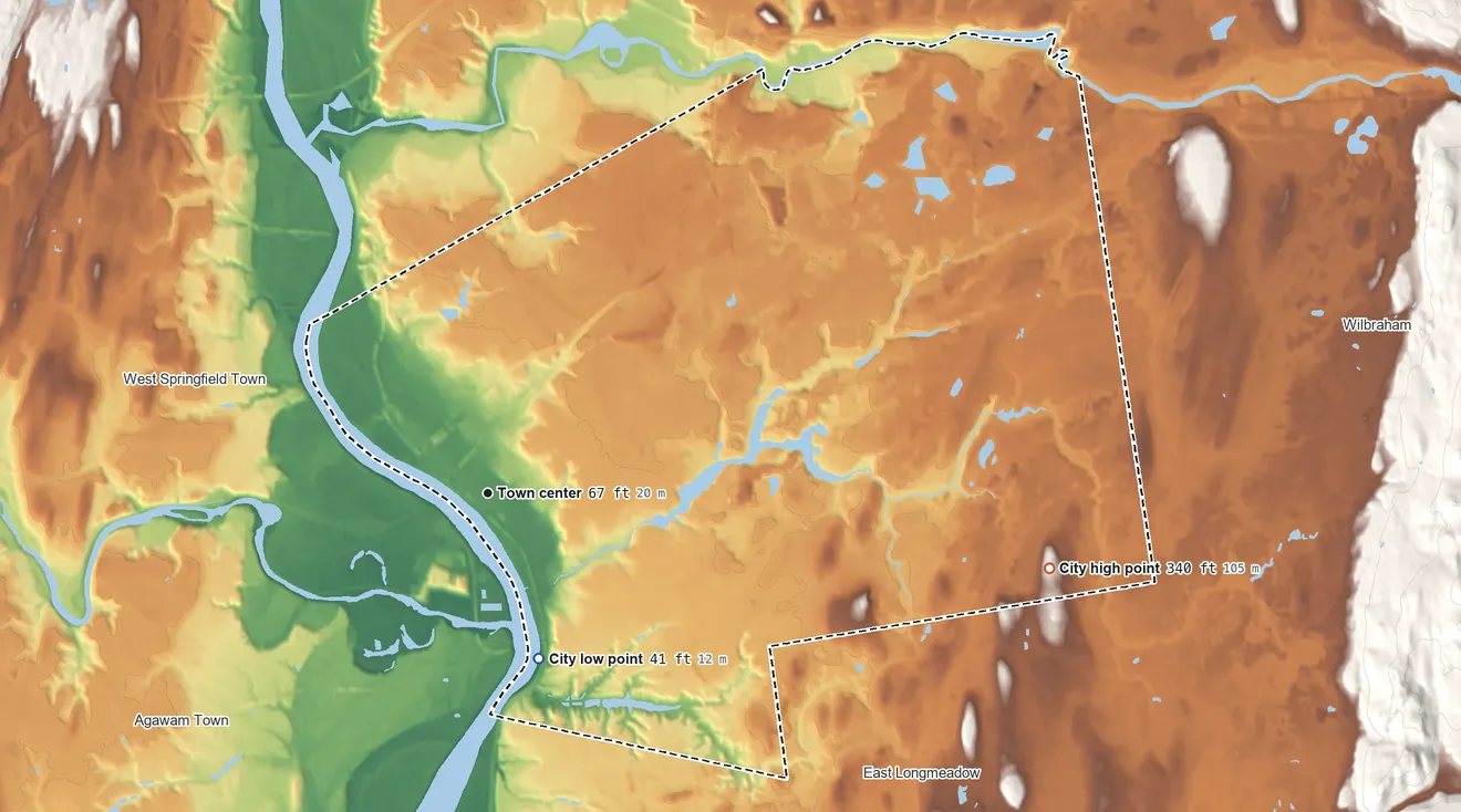Topographic elevation map of Springfield, Massachusetts, shaded from 41 ft on the south side to 340 ft on the east side