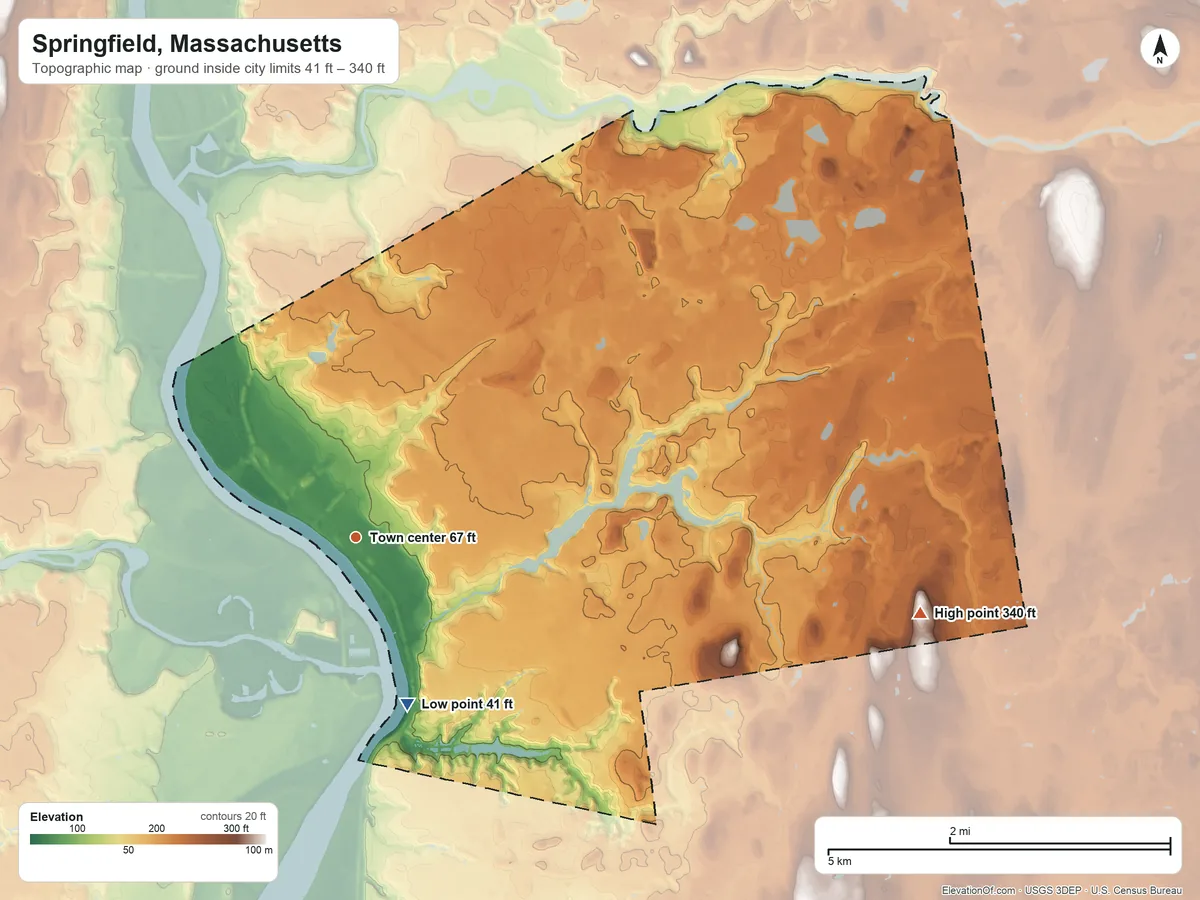 Topographic elevation map of Springfield, Massachusetts, shaded from 41 ft on the south side to 340 ft on the east side