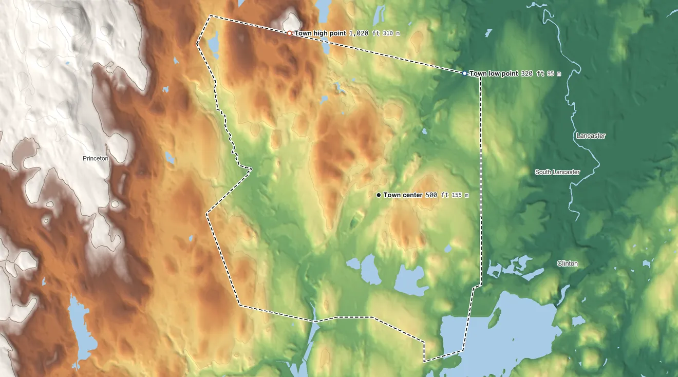 Topographic elevation map of Sterling, Massachusetts, shaded from 320 ft on the northeast side to 1,020 ft on the northwest edge, below higher ground just outside