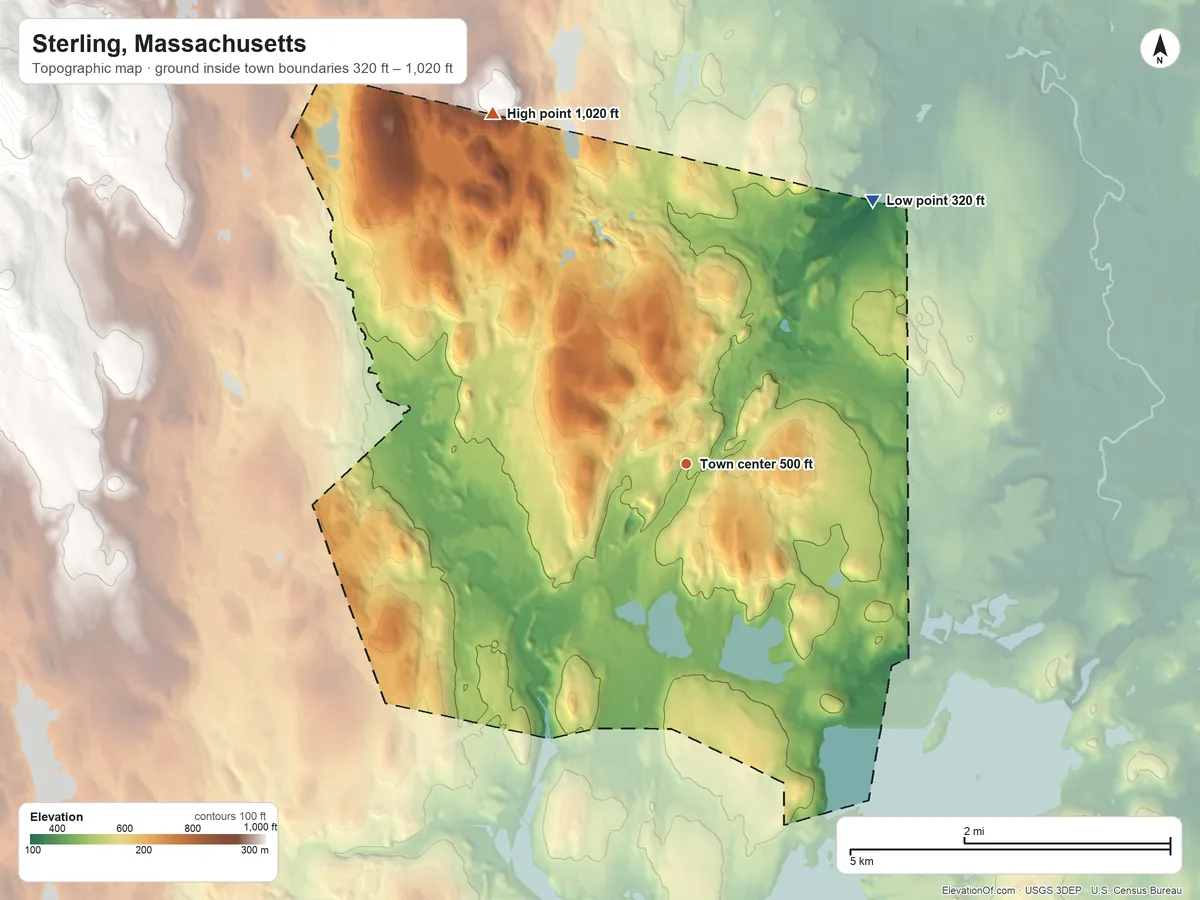 Topographic elevation map of Sterling, Massachusetts, shaded from 320 ft on the northeast side to 1,020 ft on the northwest edge, below higher ground just outside