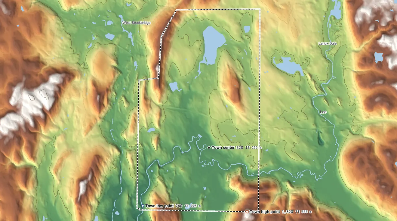 Topographic elevation map of Stockbridge, Massachusetts, shaded from 740 ft on the southwest side to 1,820 ft on the southeast side