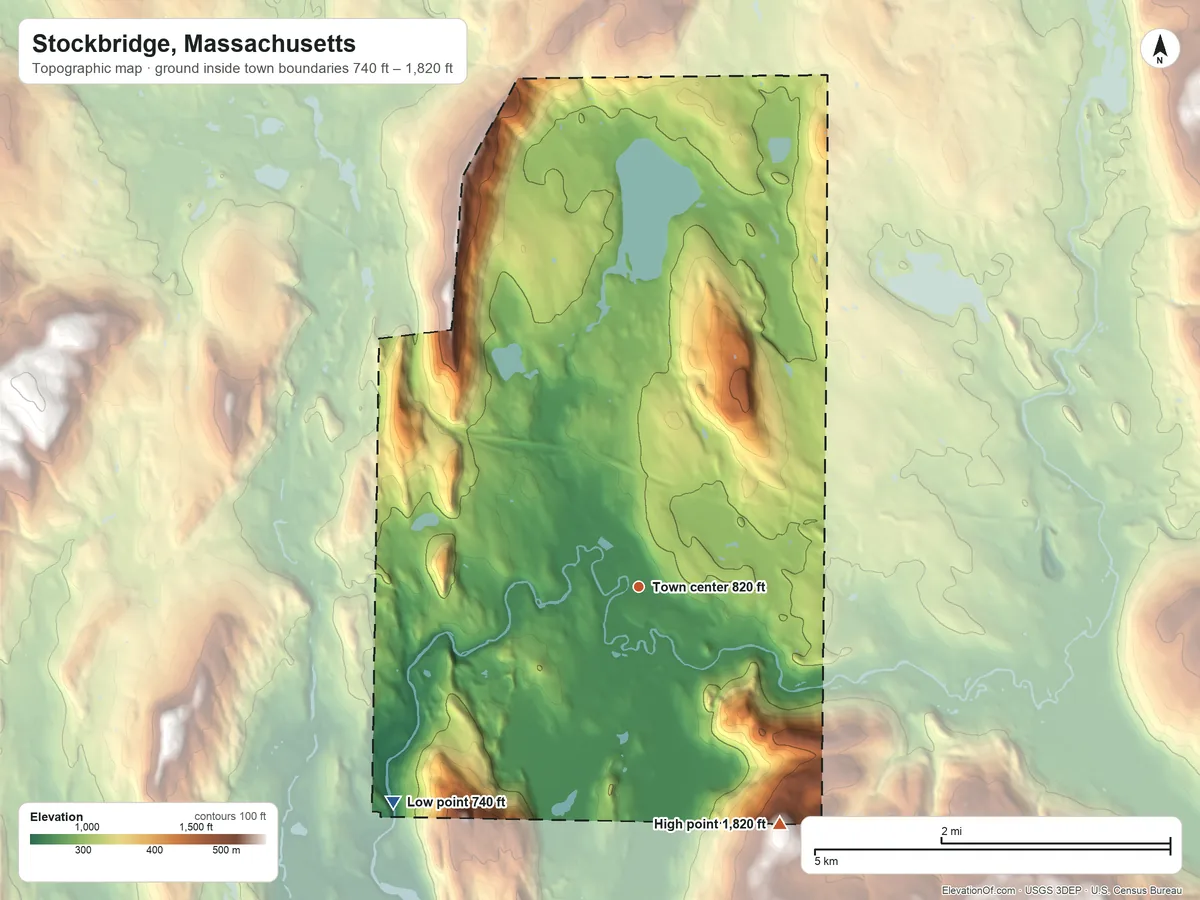 Topographic elevation map of Stockbridge, Massachusetts, shaded from 740 ft on the southwest side to 1,820 ft on the southeast side
