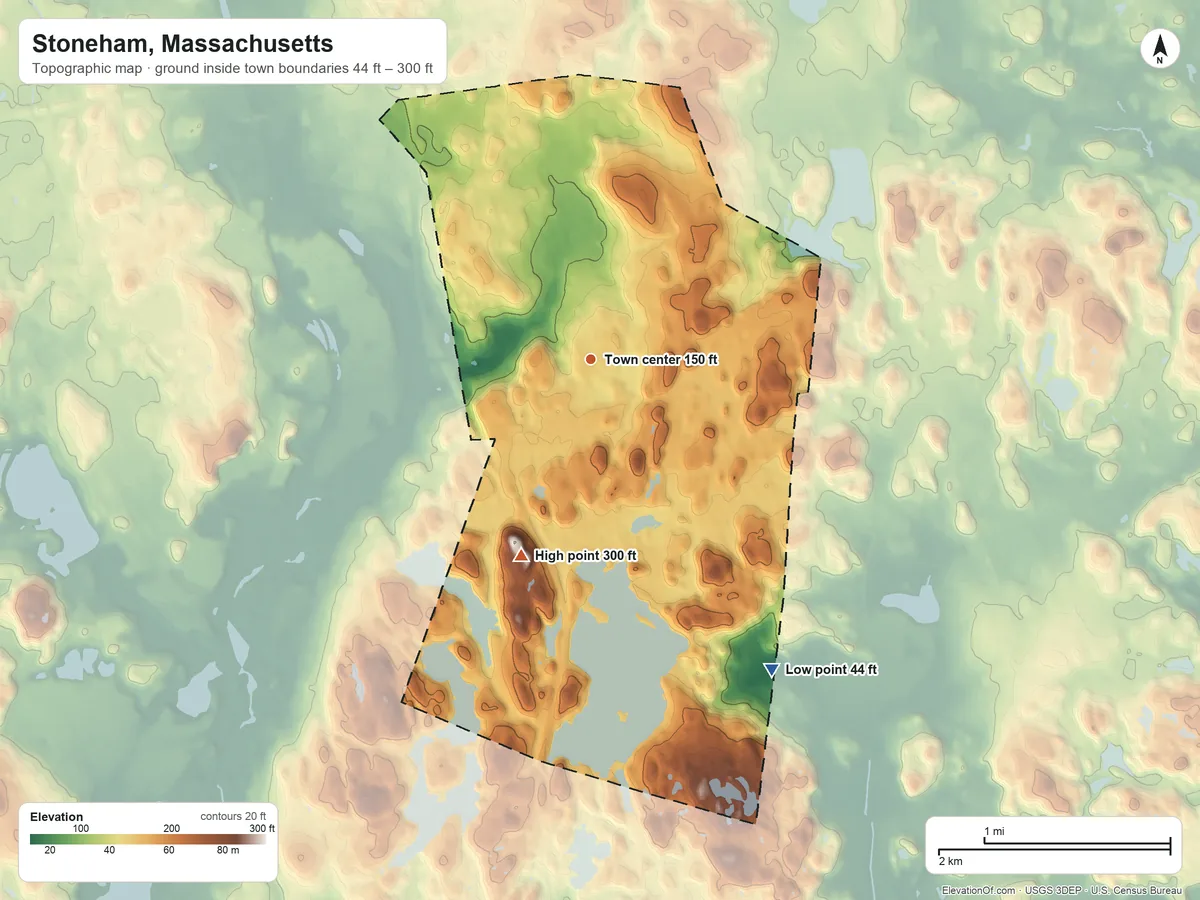Topographic elevation map of Stoneham, Massachusetts, shaded from 44 ft on the southeast side to 300 ft on Bear Hill