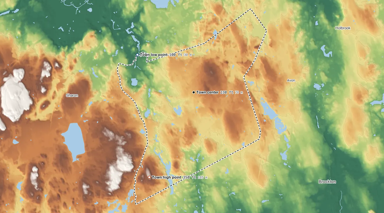 Topographic elevation map of Stoughton, Massachusetts, shaded from 100 ft on the northwest side to 350 ft on the southwest side
