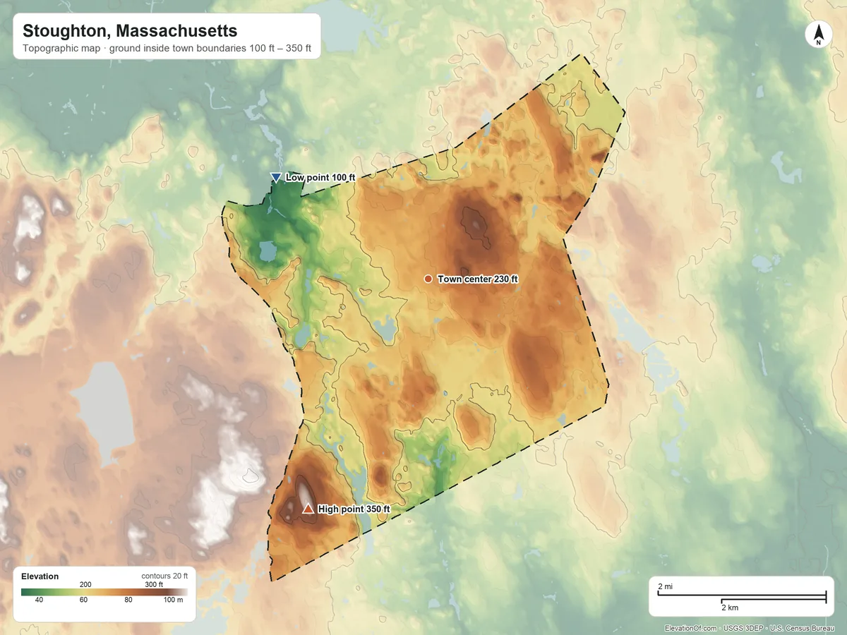 Topographic elevation map of Stoughton, Massachusetts, shaded from 100 ft on the northwest side to 350 ft on the southwest side