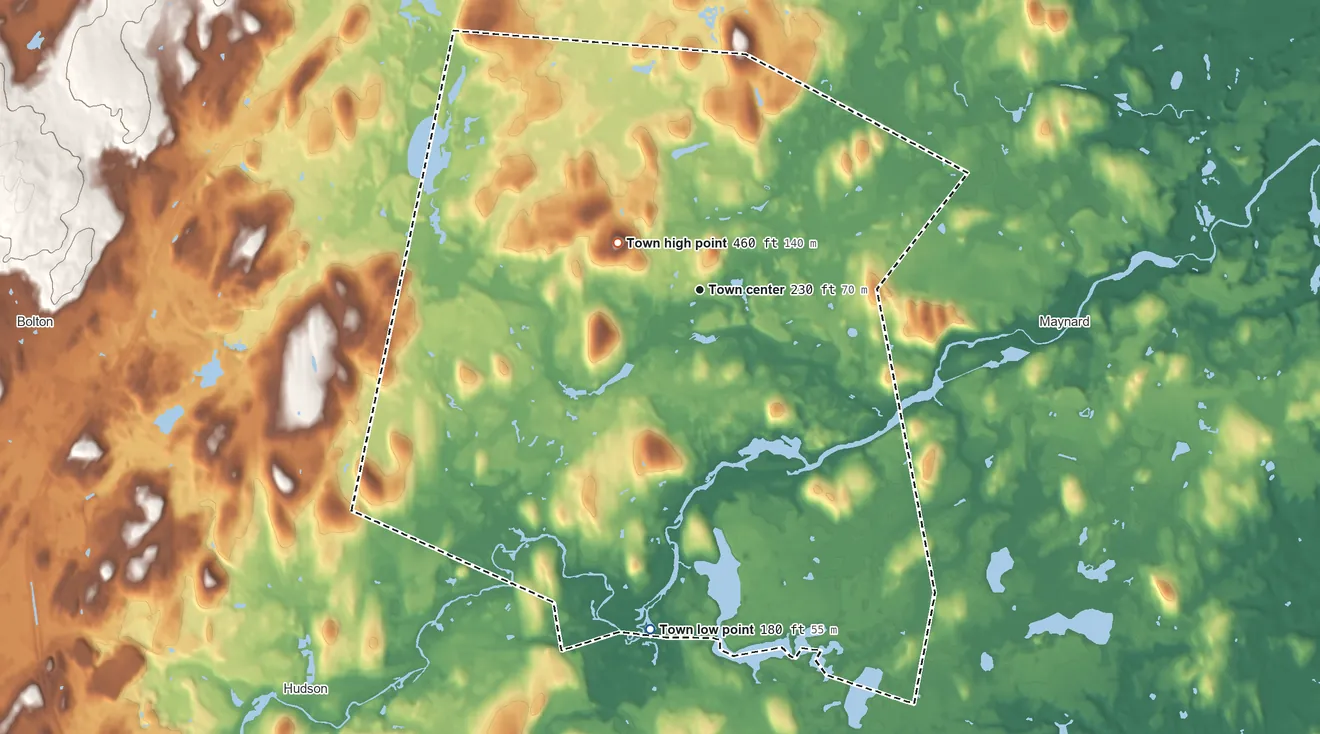 Topographic elevation map of Stow, Massachusetts, shaded from 180 ft on the south side to 460 ft on Marble Hill