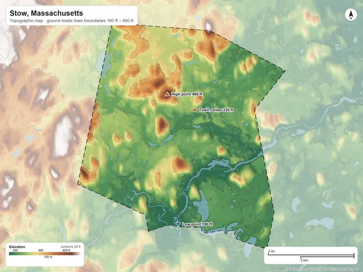 Topographic elevation map of Stow, Massachusetts, shaded from 180 ft on the south side to 460 ft on Marble Hill