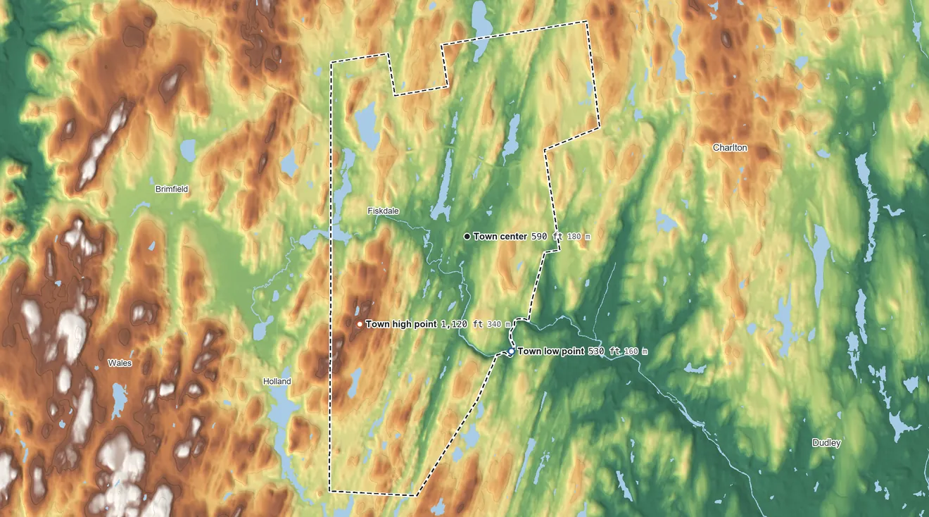 Topographic elevation map of Sturbridge, Massachusetts, shaded from 530 ft on the south side to 1,120 ft on the southwest side