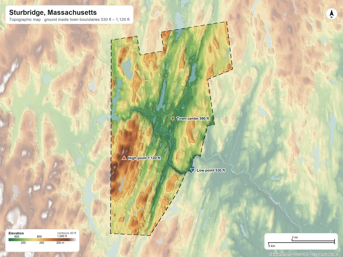 Topographic elevation map of Sturbridge, Massachusetts, shaded from 530 ft on the south side to 1,120 ft on the southwest side