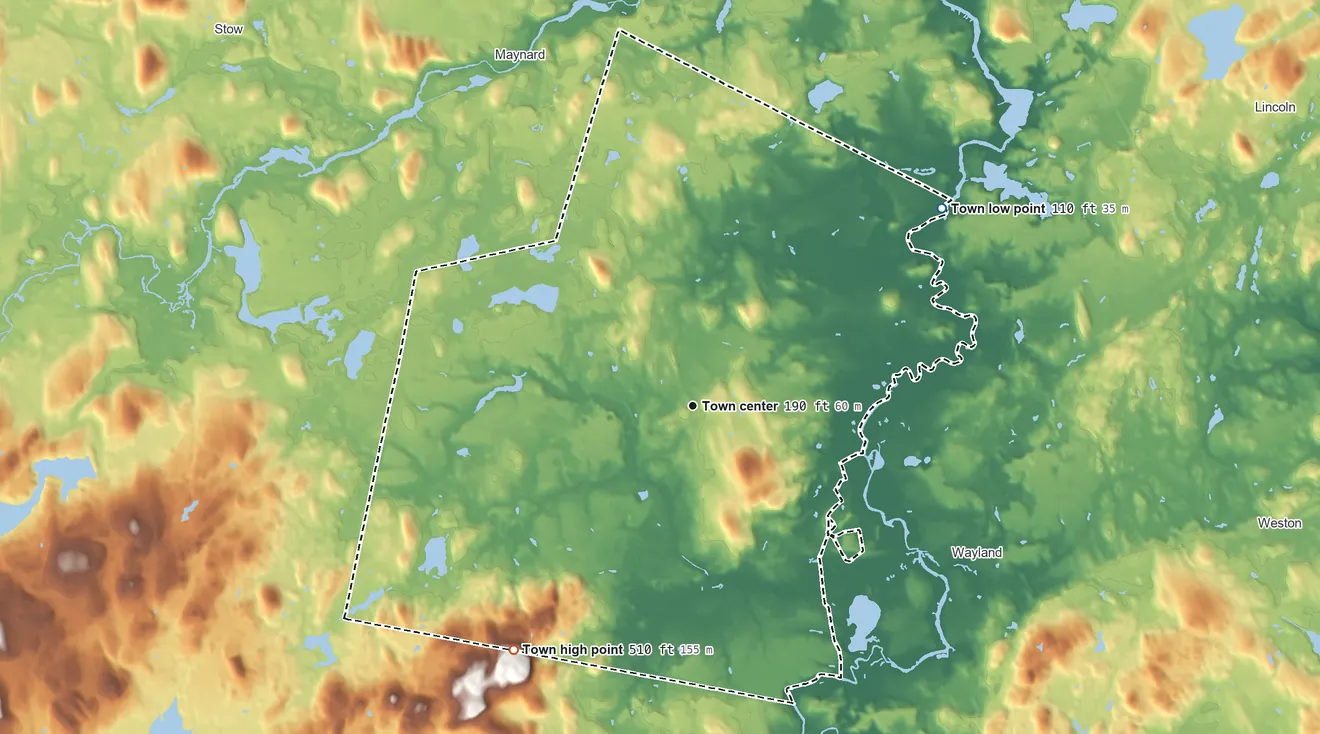 Topographic elevation map of Sudbury, Massachusetts, shaded from 110 ft on the northeast side to 510 ft on the southwest side