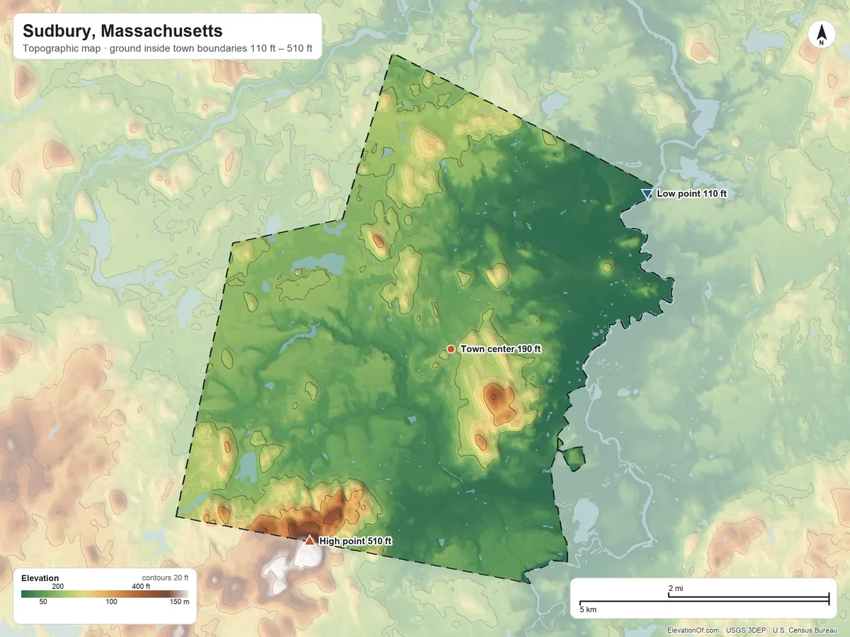 Topographic elevation map of Sudbury, Massachusetts, shaded from 110 ft on the northeast side to 510 ft on the southwest side