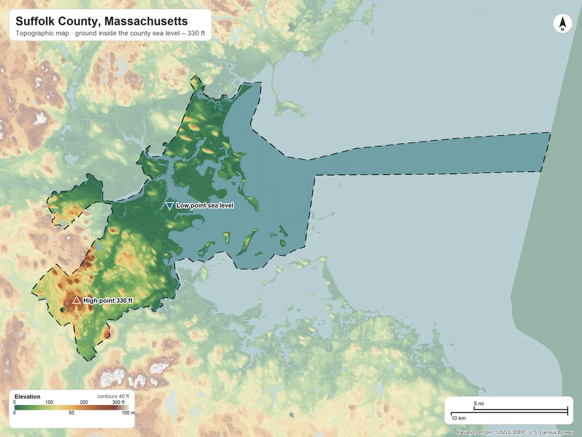 Topographic elevation map of Suffolk County, Massachusetts, shaded from sea level on Boston Harbor to 330 ft on Bellevue Hill