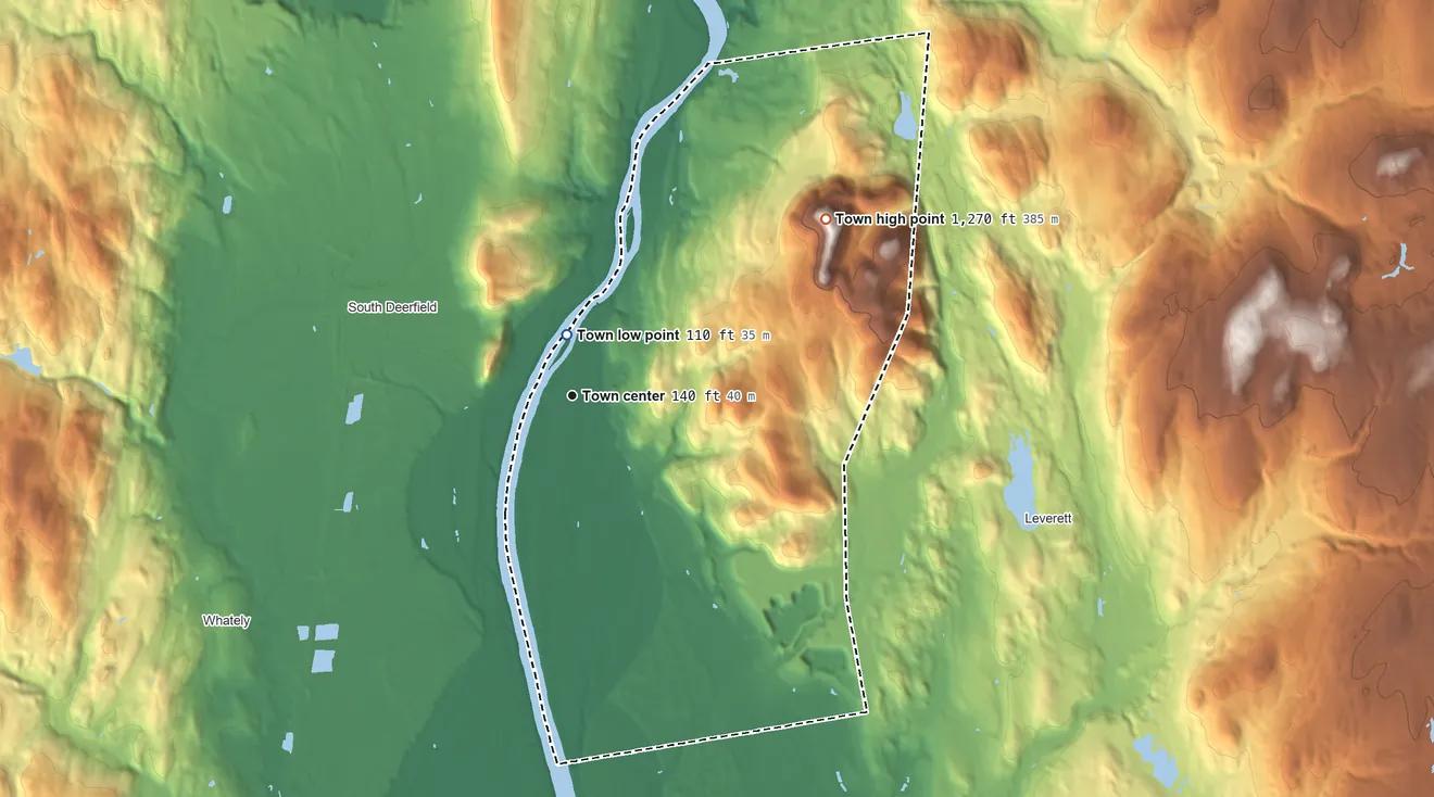 Topographic elevation map of Sunderland, Massachusetts, shaded from 110 ft near the middle to 1,270 ft on Mount Toby