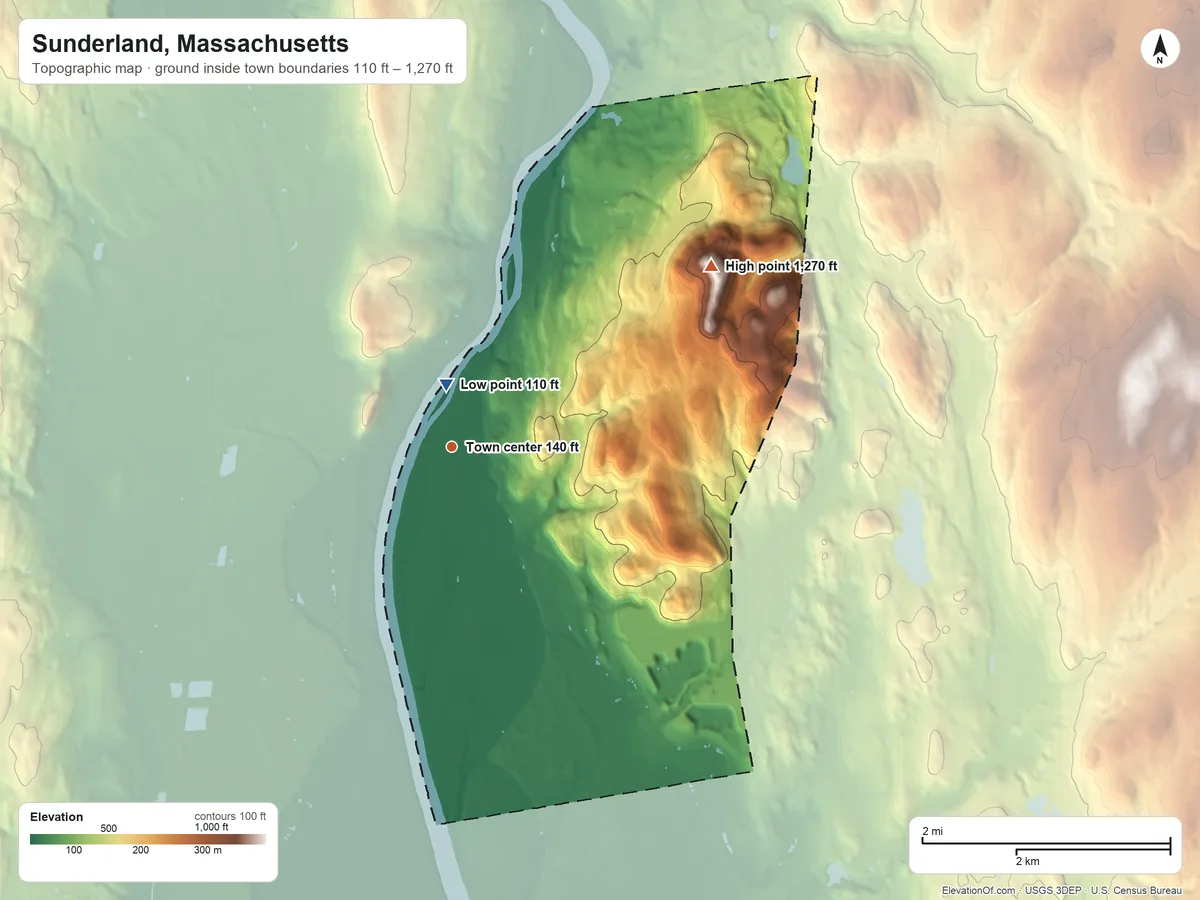 Topographic elevation map of Sunderland, Massachusetts, shaded from 110 ft near the middle to 1,270 ft on Mount Toby