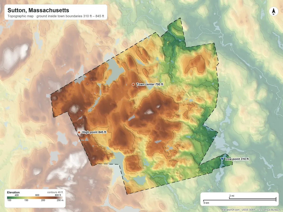 Topographic elevation map of Sutton, Massachusetts, shaded from 310 ft on the southeast side to 845 ft on Whittier Hill