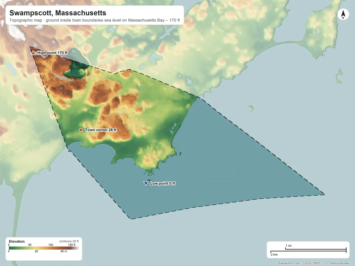 Topographic elevation map of Swampscott, Massachusetts, shaded from sea level level on Massachusetts Bay to 170 ft on the northwest side