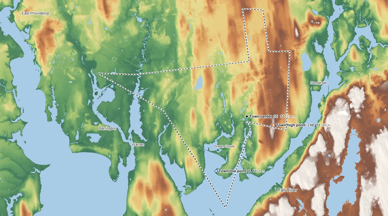Topographic elevation map of Swansea, Massachusetts, shaded from sea level level on Mount Hope Bay to 190 ft on the east side