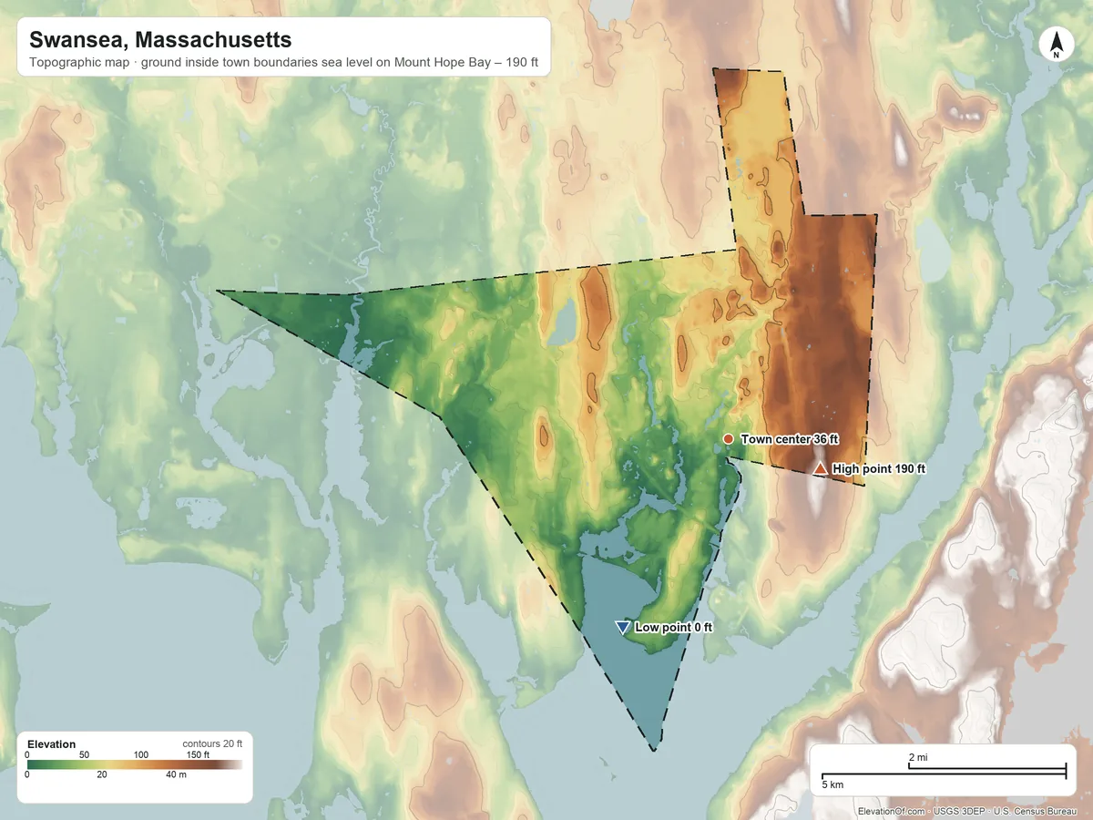 Topographic elevation map of Swansea, Massachusetts, shaded from sea level level on Mount Hope Bay to 190 ft on the east side
