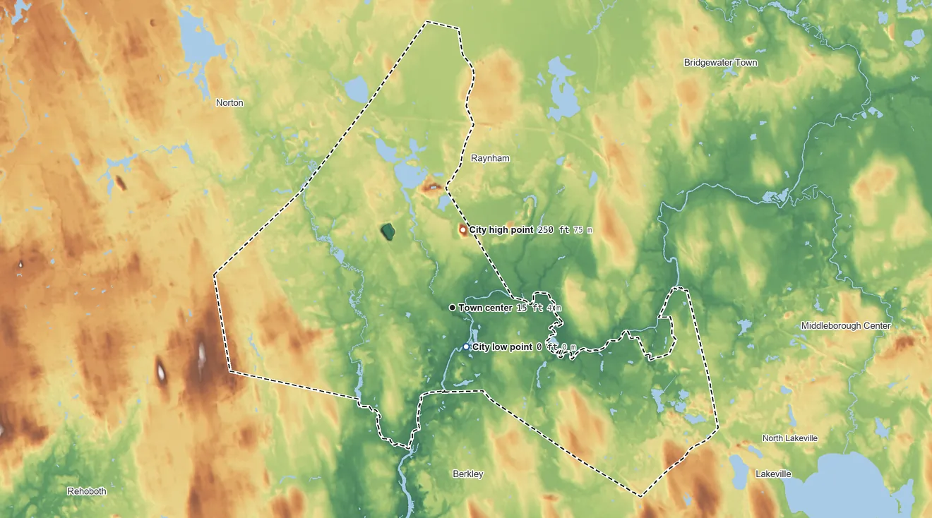 Topographic elevation map of Taunton, Massachusetts, shaded from 0 ft near the middle to 250 ft on the north side