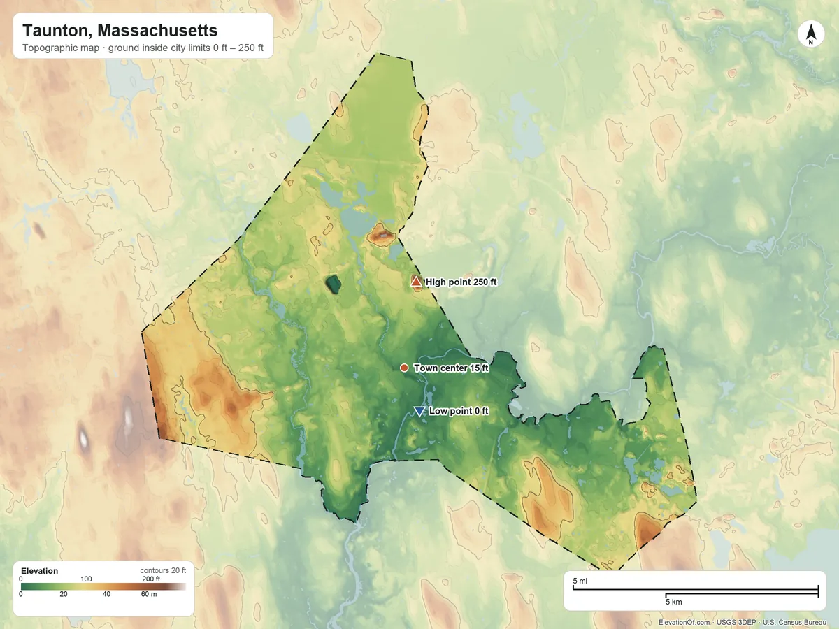 Topographic elevation map of Taunton, Massachusetts, shaded from 0 ft near the middle to 250 ft on the north side