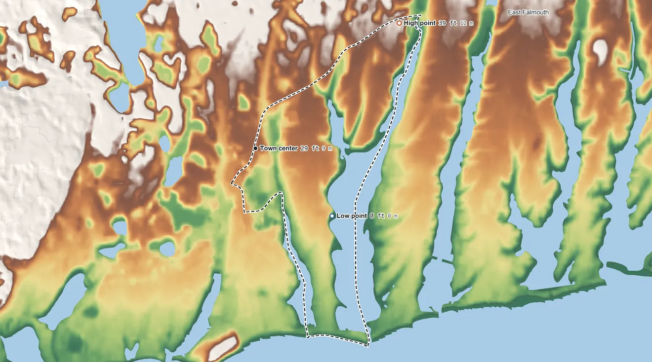 Topographic elevation map of Teaticket, Massachusetts, shaded from sea level level on Vineyard Sound to 39 ft on the northeast side