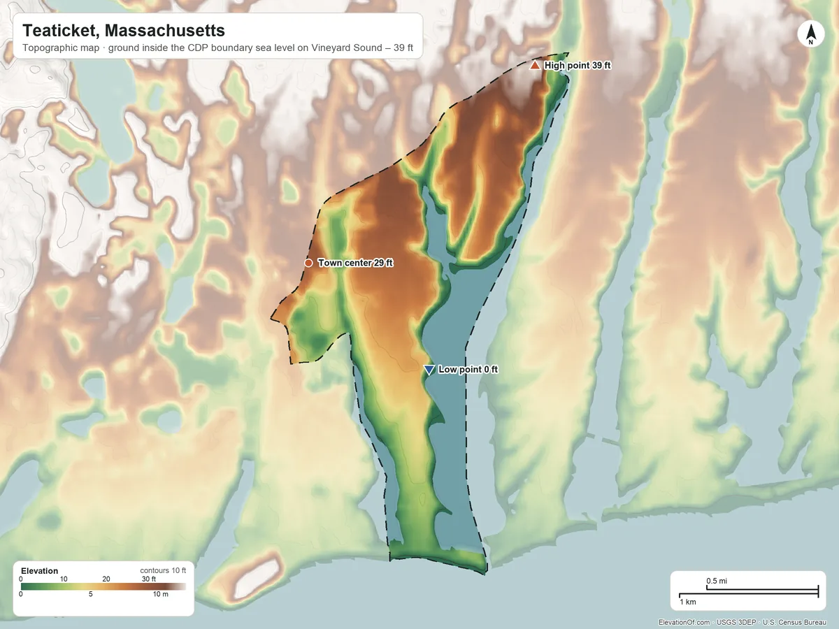 Topographic elevation map of Teaticket, Massachusetts, shaded from sea level level on Vineyard Sound to 39 ft on the northeast side