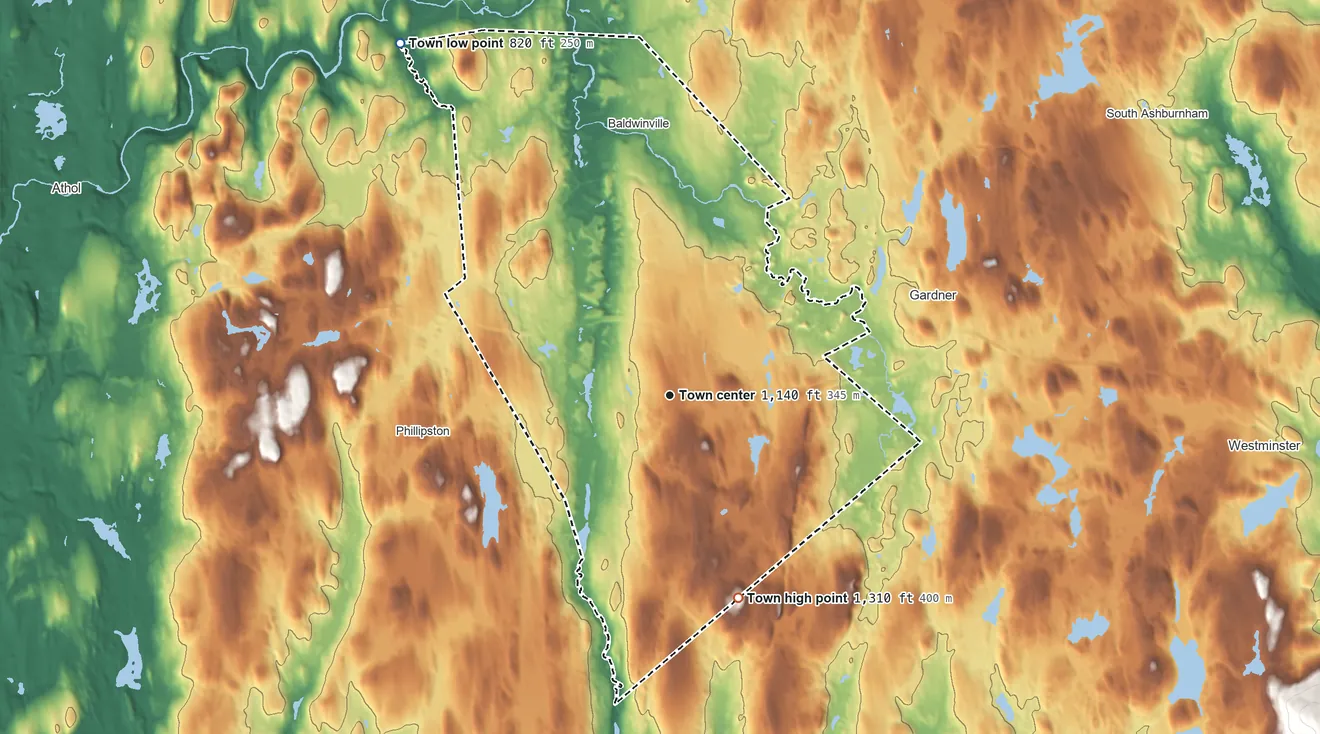 Topographic elevation map of Templeton, Massachusetts, shaded from 820 ft on the northwest side to 1,310 ft on the south edge, below higher ground just outside