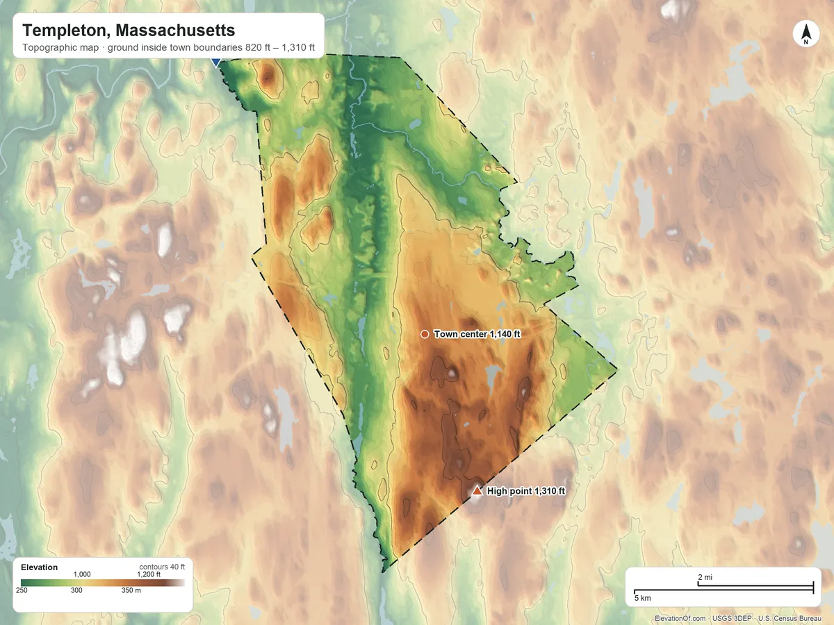 Topographic elevation map of Templeton, Massachusetts, shaded from 820 ft on the northwest side to 1,310 ft on the south edge, below higher ground just outside