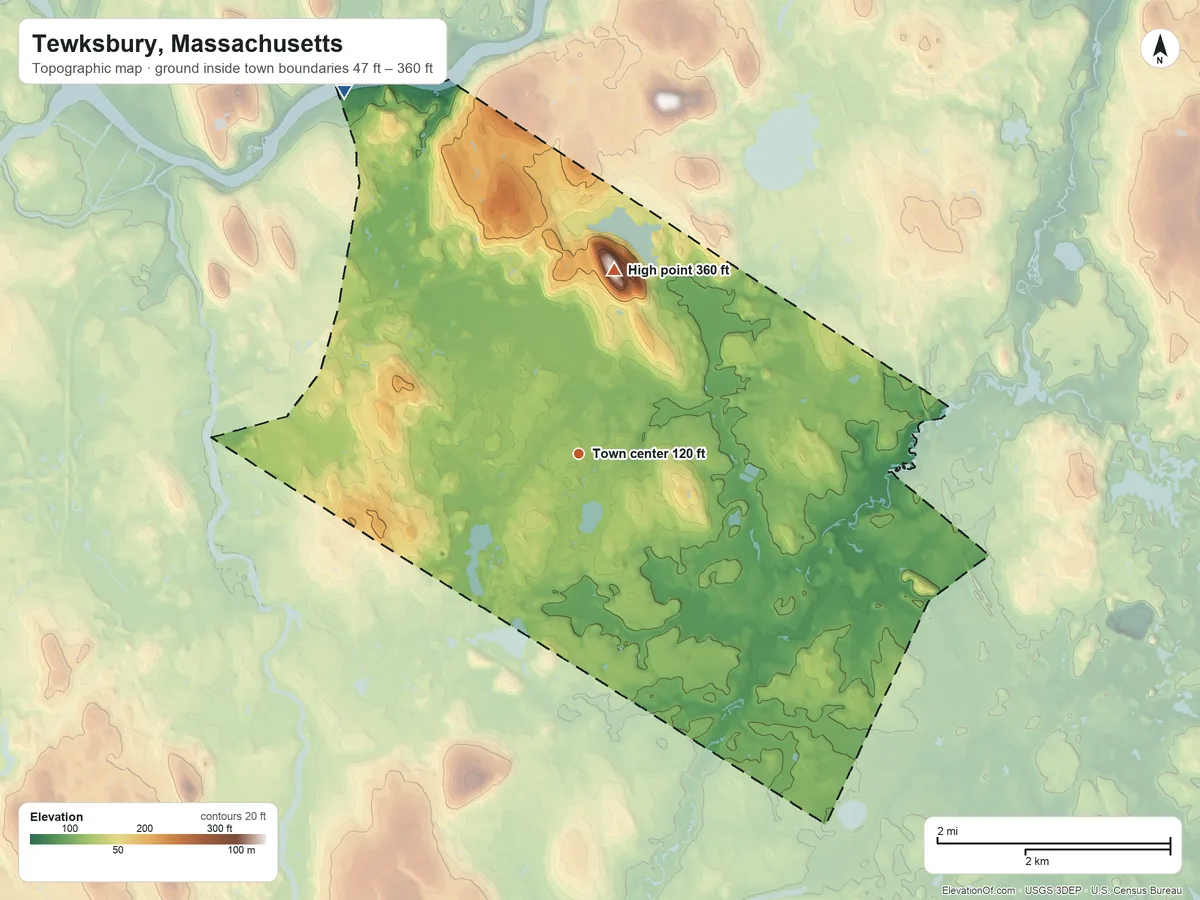 Topographic elevation map of Tewksbury, Massachusetts, shaded from 47 ft on the northwest side to 360 ft on Ames Hill
