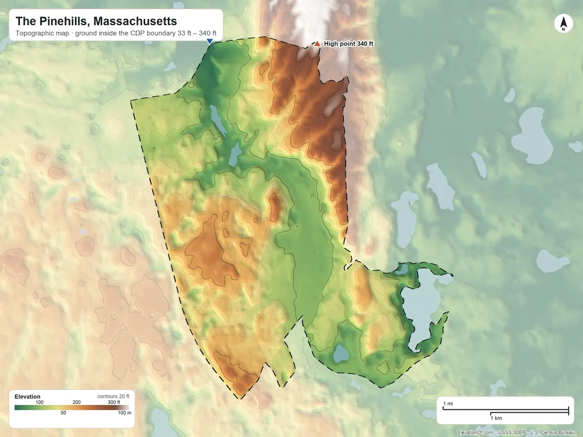 Topographic elevation map of The Pinehills, Massachusetts, shaded from 33 ft on the north side to 340 ft on the north side