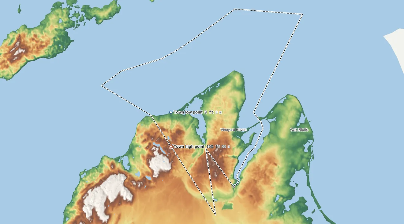 Topographic elevation map of Tisbury, Massachusetts, shaded from 0 ft on the west side to 160 ft on the west side