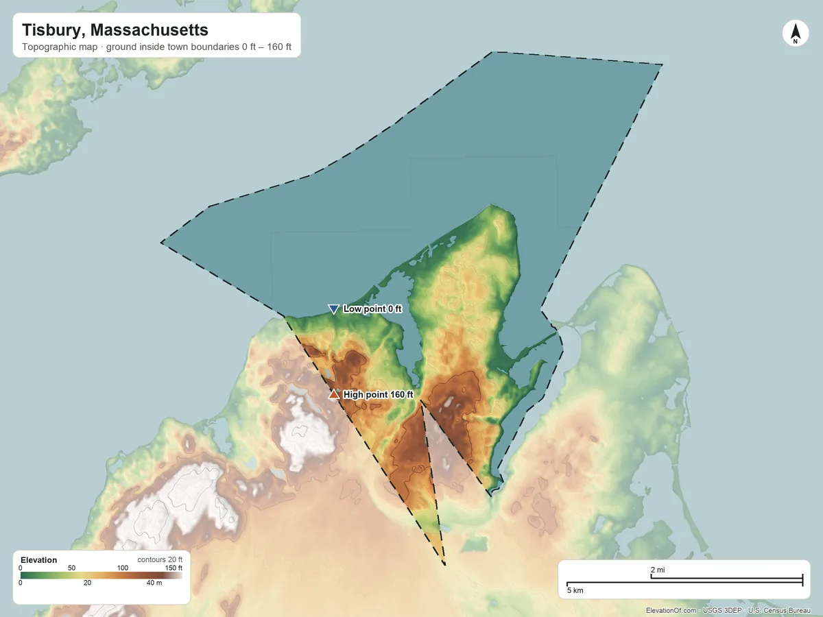 Topographic elevation map of Tisbury, Massachusetts, shaded from 0 ft on the west side to 160 ft on the west side