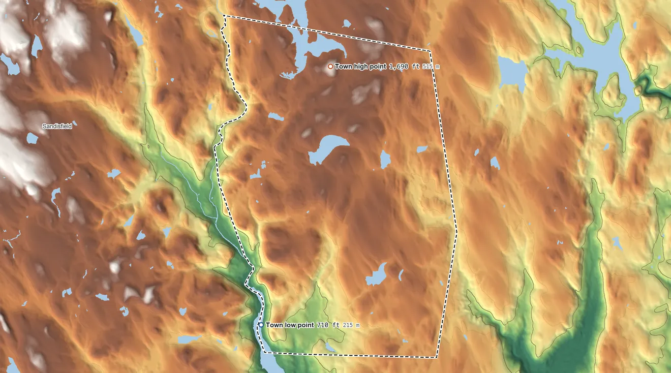 Topographic elevation map of Tolland, Massachusetts, shaded from 710 ft on the southwest side to 1,690 ft on Lair Mountain