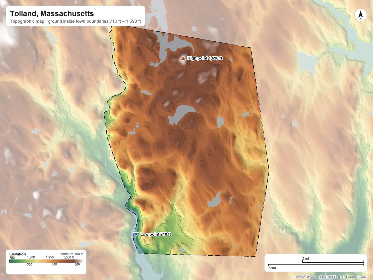 Topographic elevation map of Tolland, Massachusetts, shaded from 710 ft on the southwest side to 1,690 ft on Lair Mountain