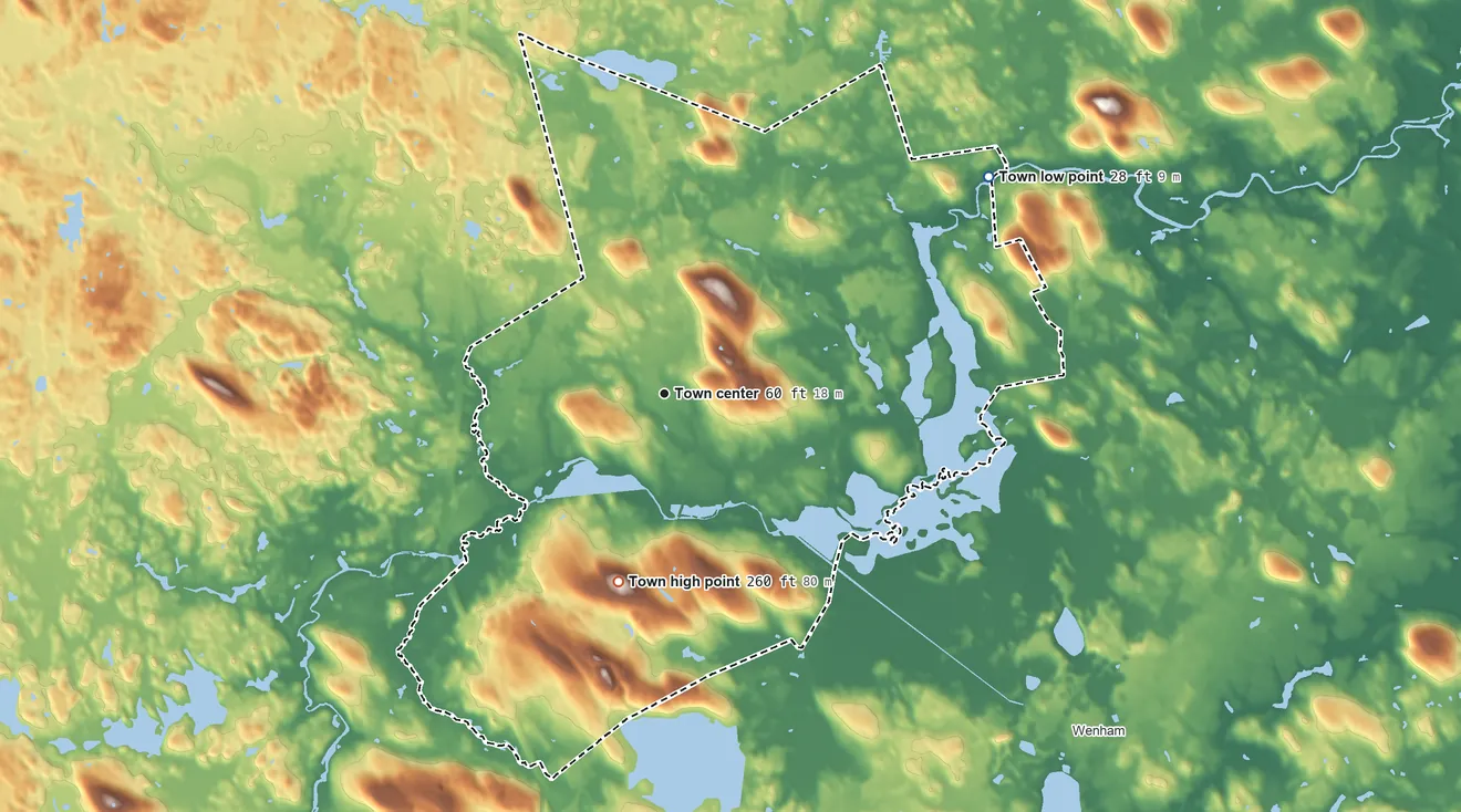 Topographic elevation map of Topsfield, Massachusetts, shaded from 28 ft on the northeast side to 260 ft on Witch Hill